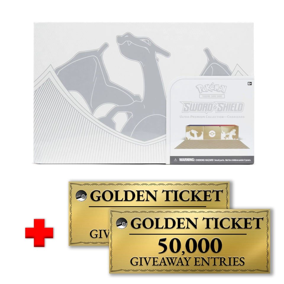Sword & Shield Charizard Ultra Premium Collection and Two Golden Ticke MysteryPokeSlabs Sword & Shield Charizard Ultra Premium Collection and Two Golden Ticke MysteryPokeSlabs